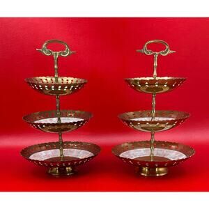 Maitland Smith Pair Brass Trinkets Matching Tiered Tray Stands Handmade In India